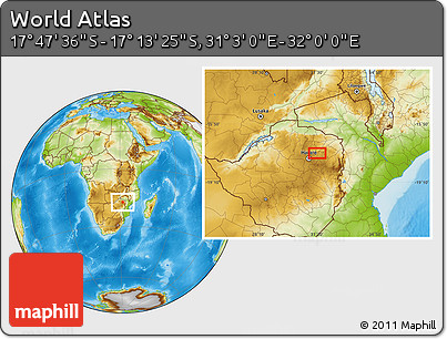 Physical Location Map of the Area around 17° 30' 31" S, 31° 31' 29" E