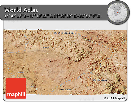 Satellite 3D Map of the Area around 17° 30' 31" S, 32° 22' 30" E