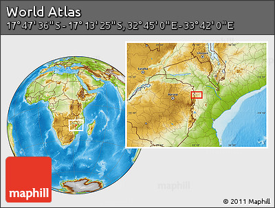 Physical Location Map of the Area around 17° 30' 31" S, 33° 13' 30" E