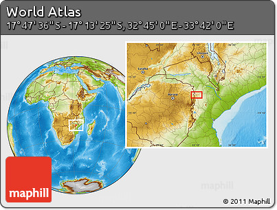 Physical Location Map of the Area around 17° 30' 31" S, 33° 13' 30" E