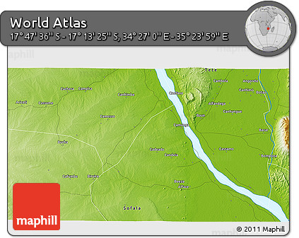 Physical 3D Map of the Area around 17° 30' 31" S, 34° 55' 29" E