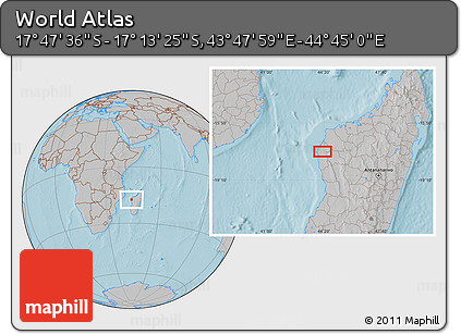 Gray Location Map of the Area around 17° 30' 31" S, 44° 16' 29" E, hill shading
