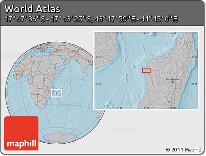 Gray Location Map of the Area around 17° 30' 31" S, 44° 16' 29" E, hill shading