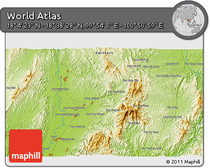 Physical 3D Map of the Area around 18° 21' 26" N, 100° 22' 30" E
