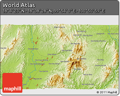 Physical 3D Map of the Area around 18° 21' 26" N, 100° 22' 30" E