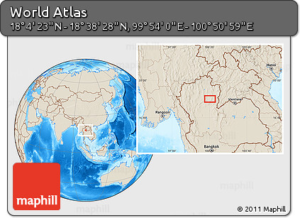 Shaded Relief Location Map of the Area around 18° 21' 26" N, 100° 22' 30" E