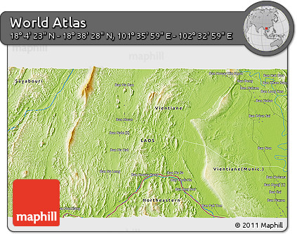 Physical 3D Map of the Area around 18° 21' 26" N, 102° 4' 29" E