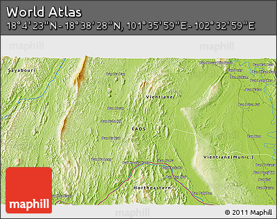 Physical 3D Map of the Area around 18° 21' 26" N, 102° 4' 29" E