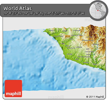 Physical 3D Map of the Area around 18° 21' 26" N, 103° 37' 30" W