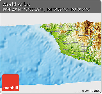 Physical 3D Map of the Area around 18° 21' 26" N, 103° 37' 30" W