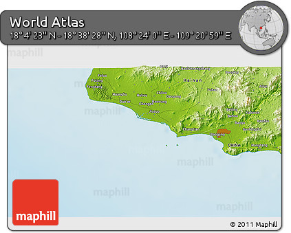 Physical 3D Map of the Area around 18° 21' 26" N, 108° 52' 30" E