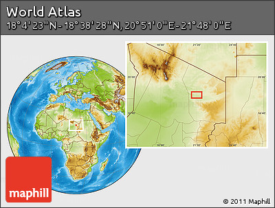 Physical Location Map of the Area around 18° 21' 26" N, 21° 19' 30" E