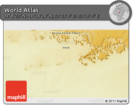 Physical 3D Map of the Area around 18° 21' 26" N, 23° 1' 29" E