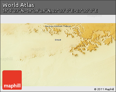 Physical 3D Map of the Area around 18° 21' 26" N, 23° 1' 29" E