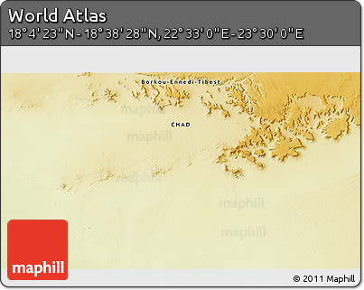 Physical 3D Map of the Area around 18° 21' 26" N, 23° 1' 29" E