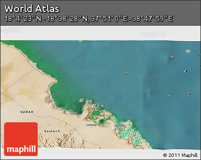 Satellite 3D Map of the Area around 18° 21' 26" N, 38° 19' 30" E