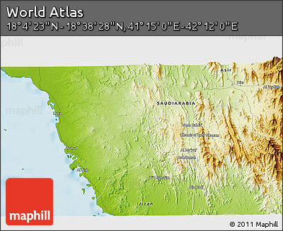 Physical 3D Map of the Area around 18° 21' 26" N, 41° 43' 30" E