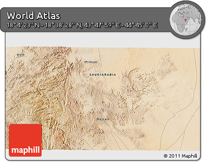 Satellite 3D Map of the Area around 18° 21' 26" N, 44° 16' 29" E