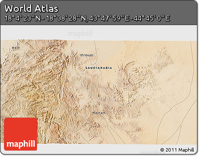 Satellite 3D Map of the Area around 18° 21' 26" N, 44° 16' 29" E