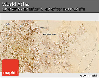 Satellite 3D Map of the Area around 18° 21' 26" N, 44° 16' 29" E