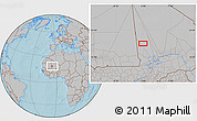 Gray Location Map of the area around 18° 21' 26" N, 5° 1' 30" W, hill shading