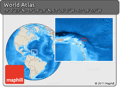 Shaded Relief Location Map of the Area around 18° 21' 26" N, 61° 7' 30" W