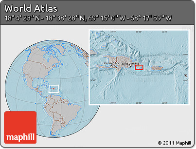 Gray Location Map of the Area around 18° 21' 26" N, 68° 46' 30" W, hill shading