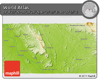 Physical 3D Map of the Area around 18° 21' 26" N, 80° 49' 29" E