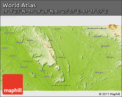 Physical 3D Map of the Area around 18° 21' 26" N, 80° 49' 29" E