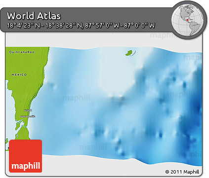 Physical 3D Map of the Area around 18° 21' 26" N, 87° 28' 29" W