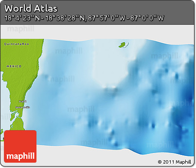 Physical 3D Map of the Area around 18° 21' 26" N, 87° 28' 29" W