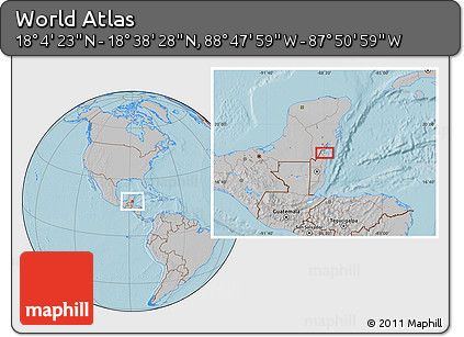 Gray Location Map of the Area around 18° 21' 26" N, 88° 19' 29" W, hill shading