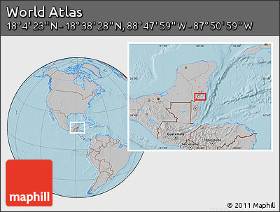 Gray Location Map of the Area around 18° 21' 26" N, 88° 19' 29" W, hill shading