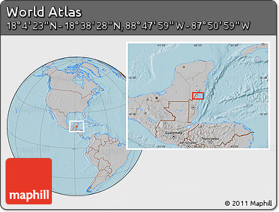 Gray Location Map of the Area around 18° 21' 26" N, 88° 19' 29" W, hill shading