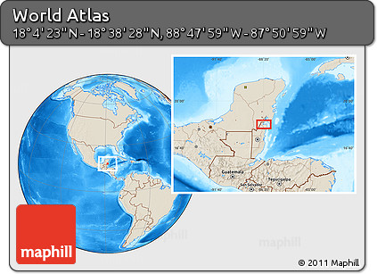 Shaded Relief Location Map of the Area around 18° 21' 26" N, 88° 19' 29" W