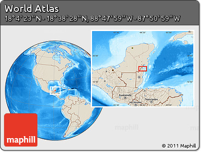 Shaded Relief Location Map of the Area around 18° 21' 26" N, 88° 19' 29" W