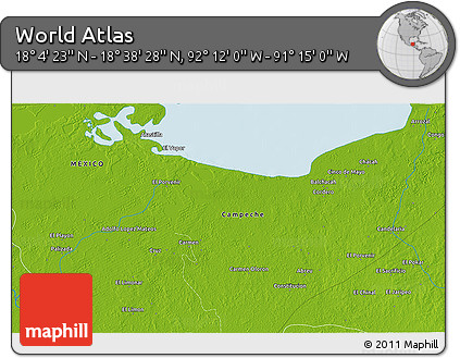 Physical 3D Map of the Area around 18° 21' 26" N, 91° 43' 29" W