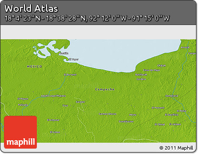 Physical 3D Map of the Area around 18° 21' 26" N, 91° 43' 29" W