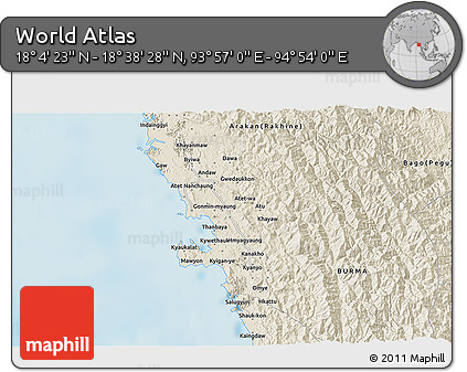 Shaded Relief 3D Map of the Area around 18° 21' 26" N, 94° 25' 30" E