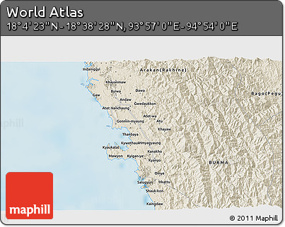Shaded Relief 3D Map of the Area around 18° 21' 26" N, 94° 25' 30" E