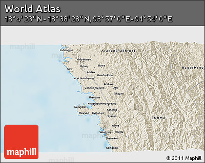 Shaded Relief 3D Map of the Area around 18° 21' 26" N, 94° 25' 30" E