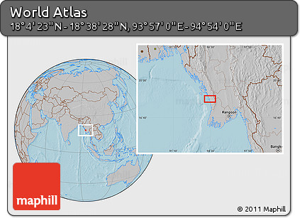 Gray Location Map of the Area around 18° 21' 26" N, 94° 25' 30" E, hill shading