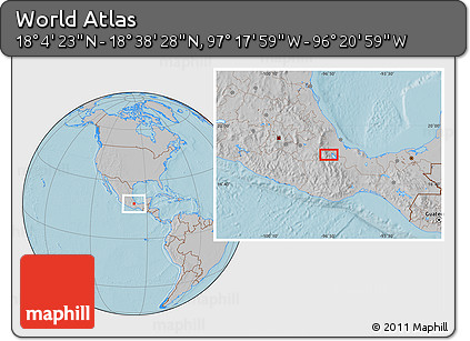Gray Location Map of the Area around 18° 21' 26" N, 96° 49' 29" W, hill shading