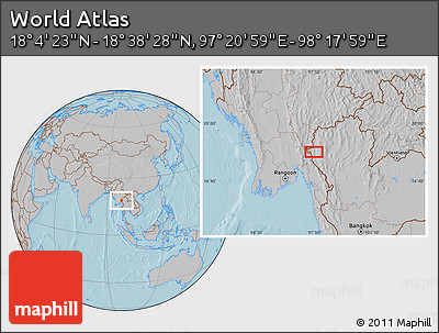 Gray Location Map of the Area around 18° 21' 26" N, 97° 49' 29" E, hill shading