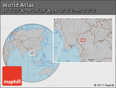 Gray Location Map of the Area around 18° 21' 26" N, 98° 40' 30" E, hill shading