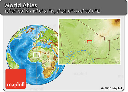 Physical Location Map of the Area around 18° 51' 53" N, 0° 4' 30" E