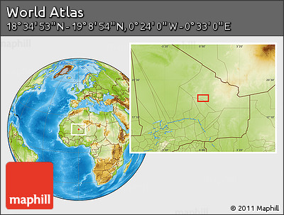 Physical Location Map of the Area around 18° 51' 53" N, 0° 4' 30" E