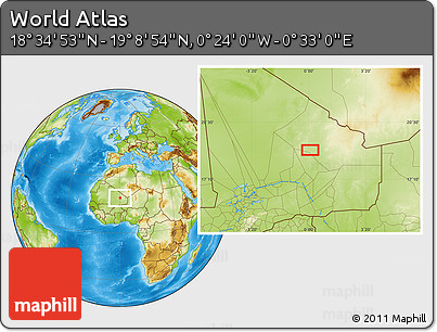 Physical Location Map of the Area around 18° 51' 53" N, 0° 4' 30" E