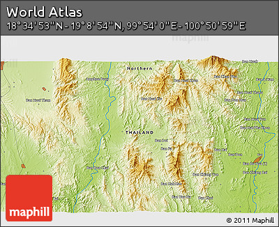 Physical 3D Map of the Area around 18° 51' 53" N, 100° 22' 30" E