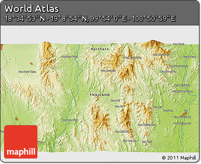Physical 3D Map of the Area around 18° 51' 53" N, 100° 22' 30" E